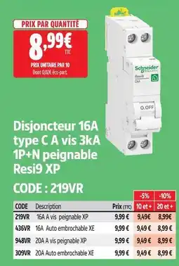 Screwfix Schneider electric disjoncteur 16a type c a vis 3ka 1p+n peignable resi9 xp offre