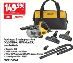 Screwfix Dewalt aspirateur à main poussière dcv501ln-xj 18v li-ion xr, sans batterie offre