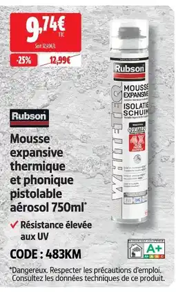 Screwfix Rubson mousse expansive thermique et phonique pistolable aérosol 750ml offre