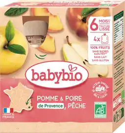 Auchan Babybio gourdes pomme & poire de provence, pêche babybio offre