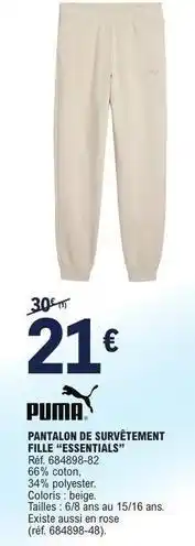 E.Leclerc Puma - pantalon de surveement fille essentiaals offre