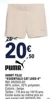 E.Leclerc Puma - short fille essentials cat logo 4 offre