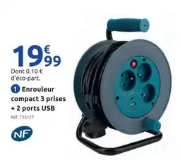 Mr Bricolage Enrouleur compact 3 prises + 2 ports USB offre