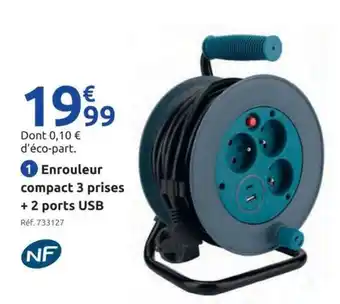 Enrouleur compact 3 prises + 2 ports USB