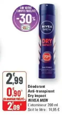 G20 NIVEA MEN Déodorant Anti-transpirant Dry Impact offre