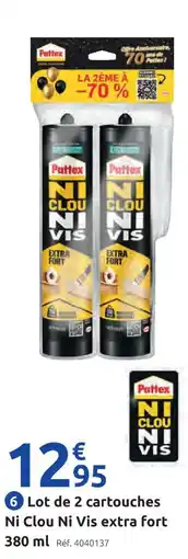 Mr Bricolage Pattex lot de 2 cartouches ni clou ni vis extra fort 380 ml offre