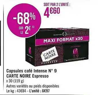 Casino Supermarchés Capsules Café Intense N°9 Carte Noire Espresso offre