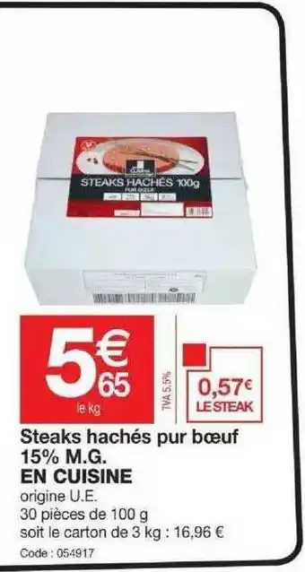 Promocash Steaks Hachés Pur Bœuf En Cuisine offre