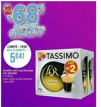 Spar Dosettes Café Long Classique L'or Tassimo offre