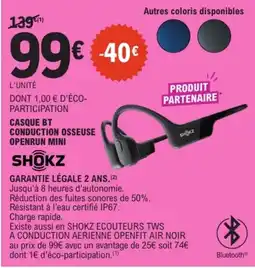 E.Leclerc SHOKZ CASQUE BT CONDUCTION OSSEUSE OPENRUN MINI offre