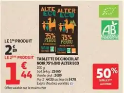 Auchan Supermarché Alter eco tablette de chocolat noir 75% bio offre