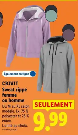 Lidl Crivit sweat zippé femme ou homme offre