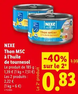 Lidl Nixe thon msc à l'huile de tournesol offre