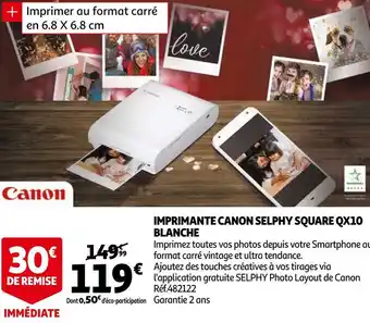 Auchan Canon imprimante selphy square qx10 blanche offre