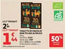 Auchan Supermarché Alter eco - tablette de chocolat noir 75% bio offre