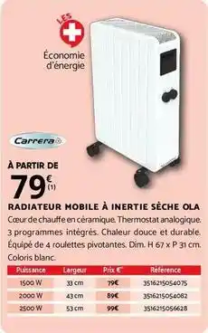 Bricomarché Durable - radiateur mobile à inertie sèche ola offre