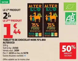 Auchan ALTER ECO TABLETTE DE CHOCOLAT NOIR 75% BIO offre