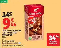 Auchan CÔTE D'OR TABLETTE CHOCOLAT LAIT NOISETTES offre