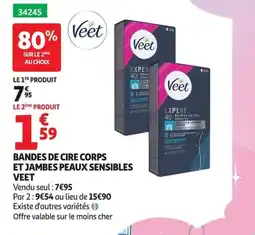 Auchan Veet Bandes de cire corps et jambes peaux sensibles offre