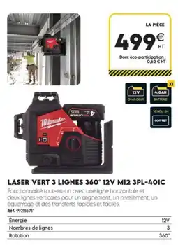 Tout faire matériaux Milwaukee laser vert 3 lignes 360° 12v m12 3pl-401c offre