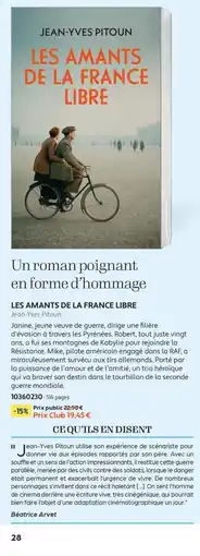 France Loisirs Jean-Yves Pitoun Les Amants de la France Libre offre