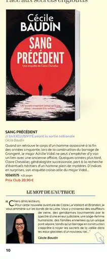 France Loisirs Cécile Baudin Sang Précédent offre