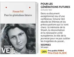 France Loisirs INEDIT Pour les générations futures offre