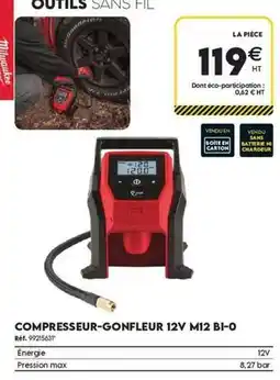 Tout faire matériaux Milwaukee - compresseur-gonfleur 12v m12 b1-0 offre
