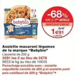 Monop' Babybio Assiette macaroni légumes de la margue offre