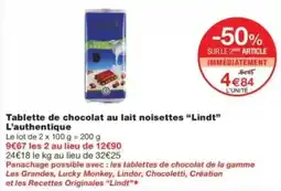 Monop' Lindt Tablette de chocolat au lait noisettes offre