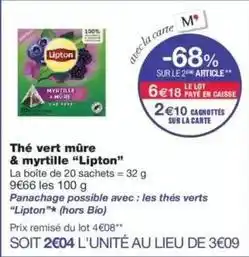 Monoprix Lipton - thé vert mère & myrtille offre