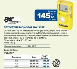 Prolians BW Technologies DÉTECTEUR MONOGAZ BW™ CLIP offre