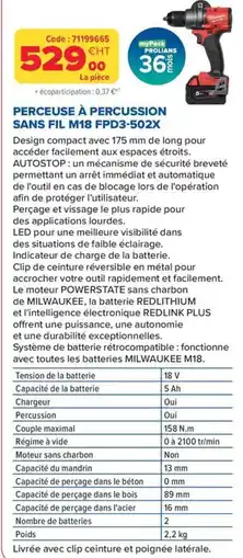 Prolians MILWAUKEE PERCEUSE À PERCUSSION SANS FIL M18 FPD3-502X offre
