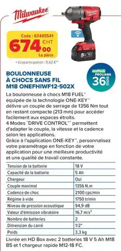 Prolians Milwaukee BOULONNEUSE À CHOCS SANS FIL M18 ONEFH1WF12-502X offre