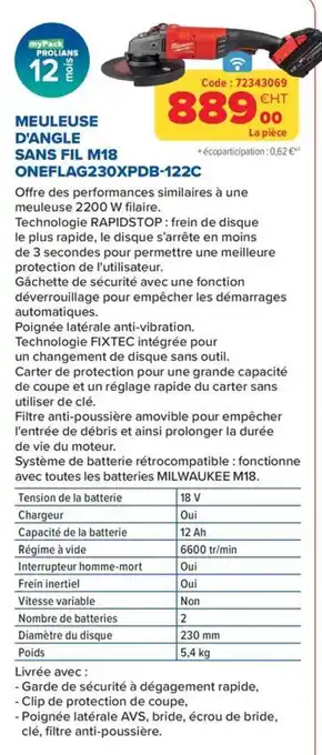 MILWAUKEE MEULEUSE D'ANGLE SANS FIL M18