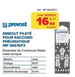 Prolians Prevost Embout fileté pour raccord pneumatique offre