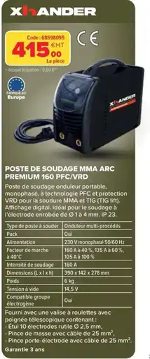Prolians XHANDER POSTE DE SOUDAGE MMA ARC PREMIUM 160 PFC/VRD offre