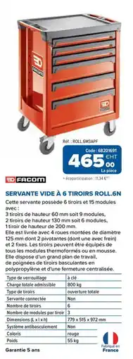 Prolians FACOM SERVANTE VIDE À 6 TIROIRS ROLL.6N offre
