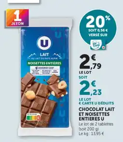 U Express U CHOCOLAT LAIT ET NOISETTES ENTIERES offre
