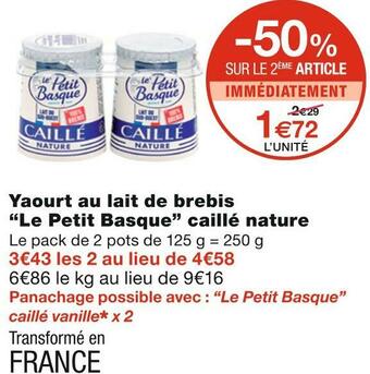 Monoprix Le petit basque yaourt au lait de brebis caillé nature offre