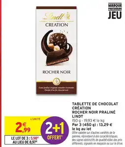 Intermarché Hyper Lindt tablette de chocolat création rocher noir praliné offre