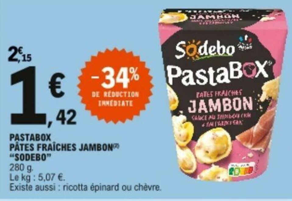 Promo Pastabox pâtes fraîches jambon "sodebo" chez E.Leclerc