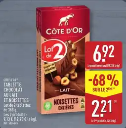 ALDI CÔTE D'OR TABLETTE CHOCOLAT AU LAIT ET NOISETTES offre