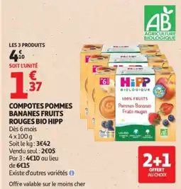 Auchan HiPP Compotes pommes bananes fruits rouges offre
