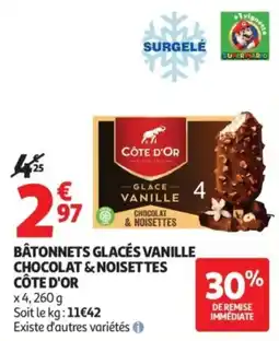 Auchan CÔTE D'OR BÂTONNETS GLACÉS VANILLE CHOCOLAT & NOISETTES offre