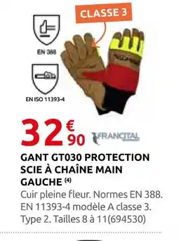 Rural Master Francital gant gt030 protection scie à chaîne main gauche offre