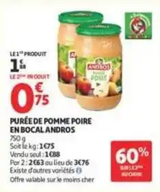 Auchan Andros - purée de pomme poire en bocal offre