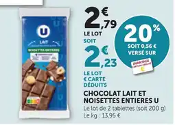 Bi1 U CHOCOLAT LAIT ET NOISETTES ENTIERES offre