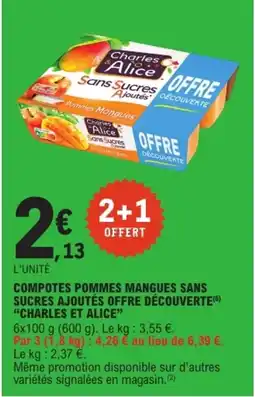 E.Leclerc CHARLES ET ALICE Compotes pommes mangues sans sucres ajoutés offre découverte offre