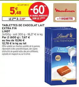 Intermarché Hyper Lindt TABLETTES DE CHOCOLAT LAIT EXTRA FIN offre